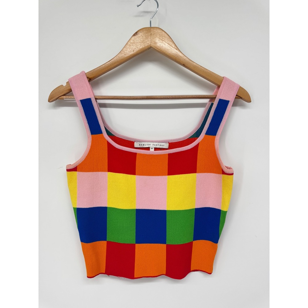 English Factory Knit Crop Top Women XS Rainbow Checkerboard Dopamine Retro
